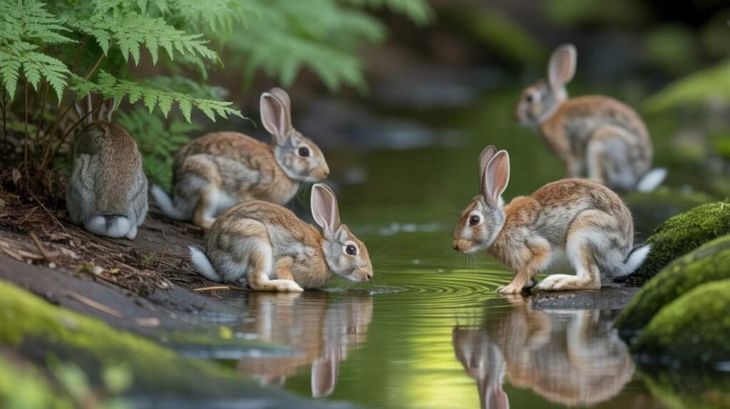 Natural Behavior of Rabbits Around Water
