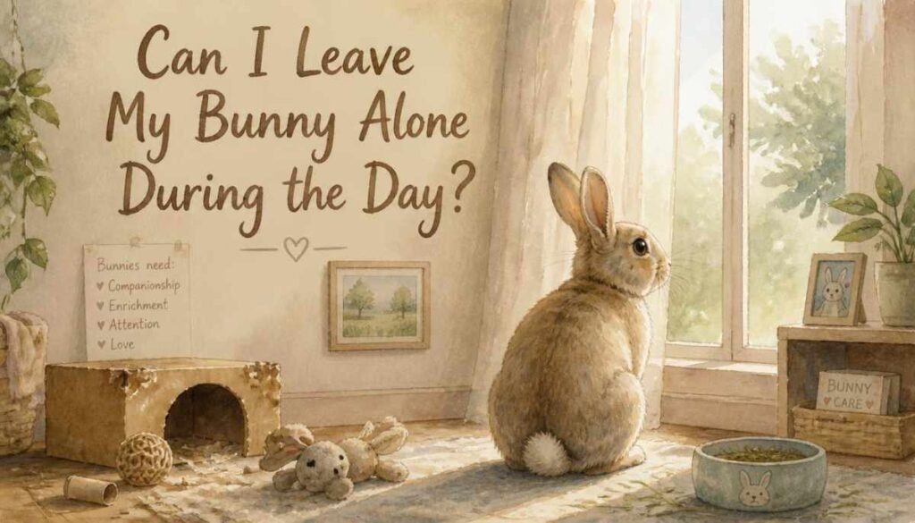 Rabbit alone in a safe enclosure with hay and water for the day