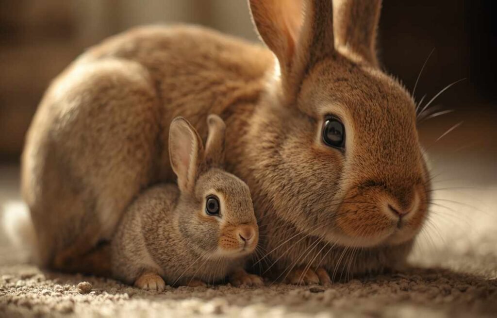 Baby rabbit next to an adult rabbit for size comparison