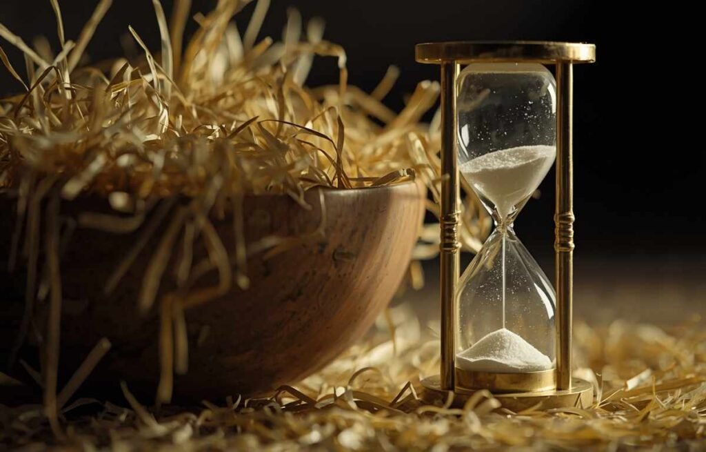 Clock beside untouched rabbit hay bowl showing urgency