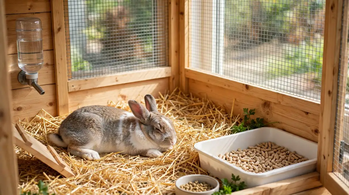 a clean dry rabbit hutch with fresh straw bedding and a healthy rabbit resting inside