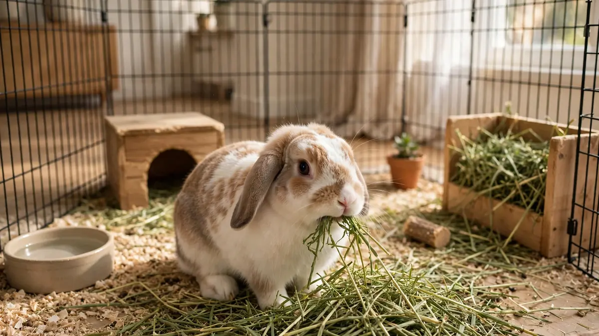 a healthy pet rabbit eating fresh green hay in a clean indoor enclosure