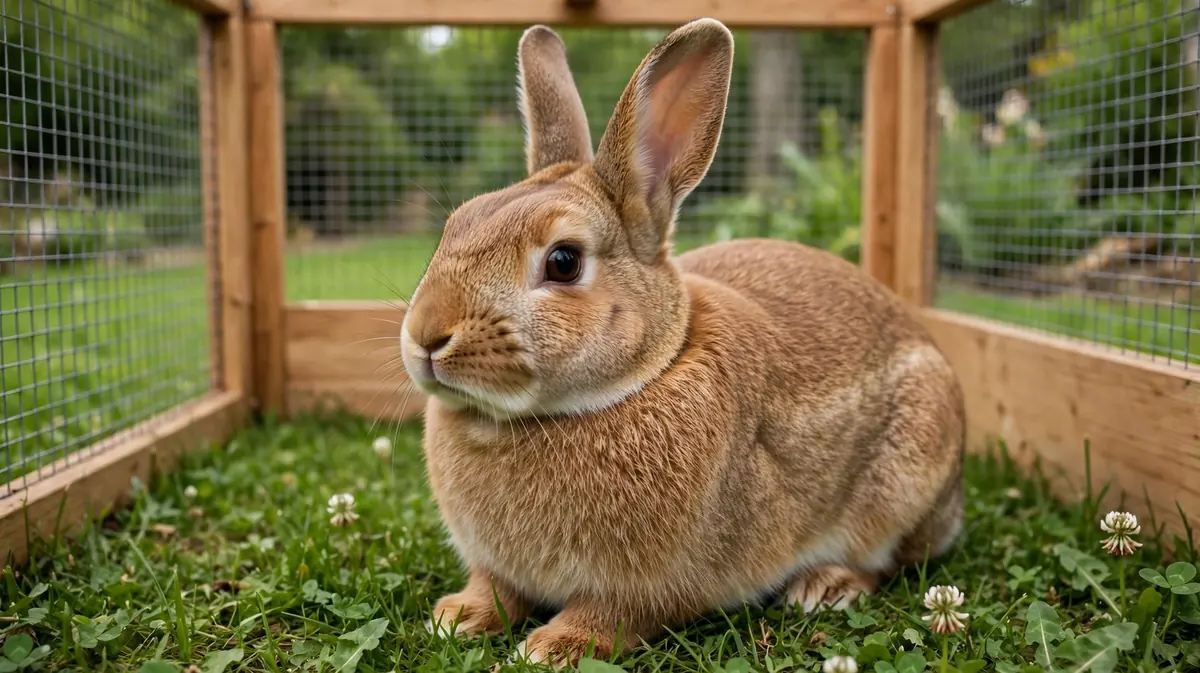 a healthy pet rabbit sitting alert in a clean outdoor run on fresh grass