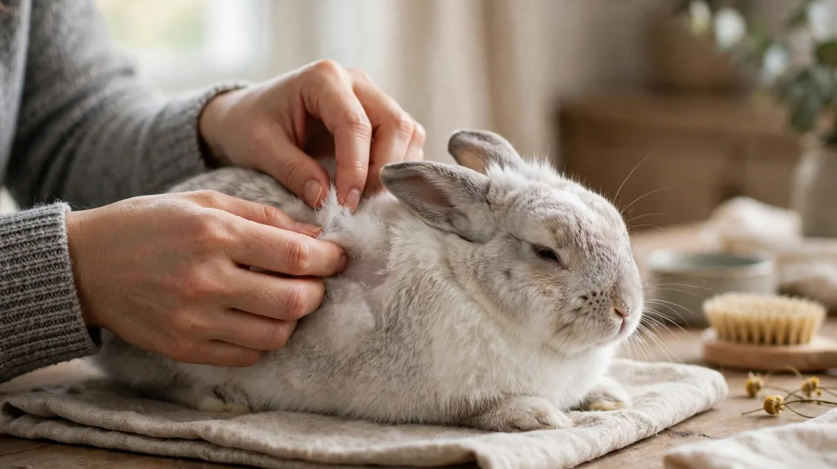 an owner gently checking the fur of a calm pet rabbit during a routine health check at home