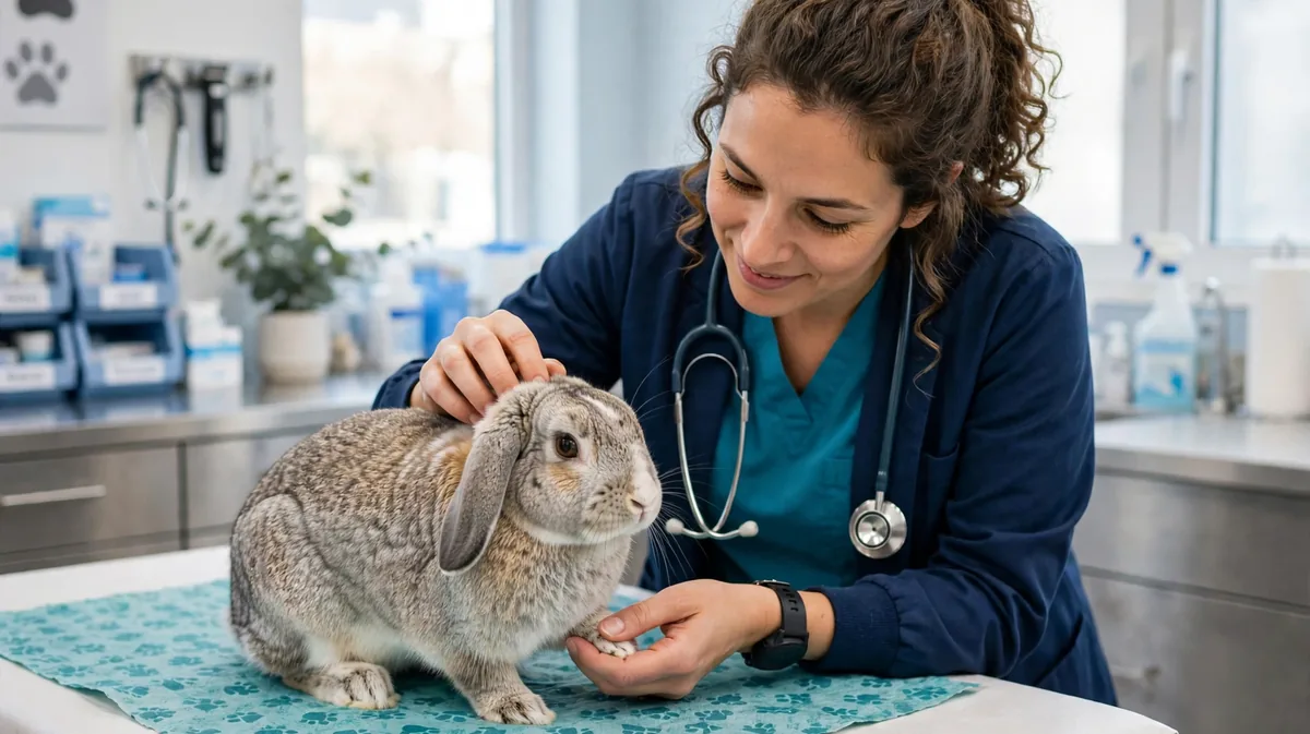 a veterinarian gently examining a pet rabbit on a table in a bright modern clinic