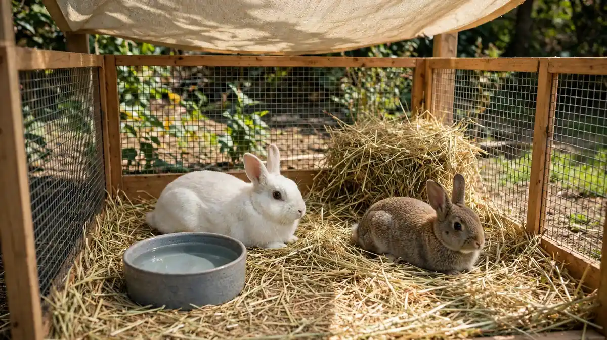 A clean rabbit pen with fresh water, hay and shade from direct sunlight.
