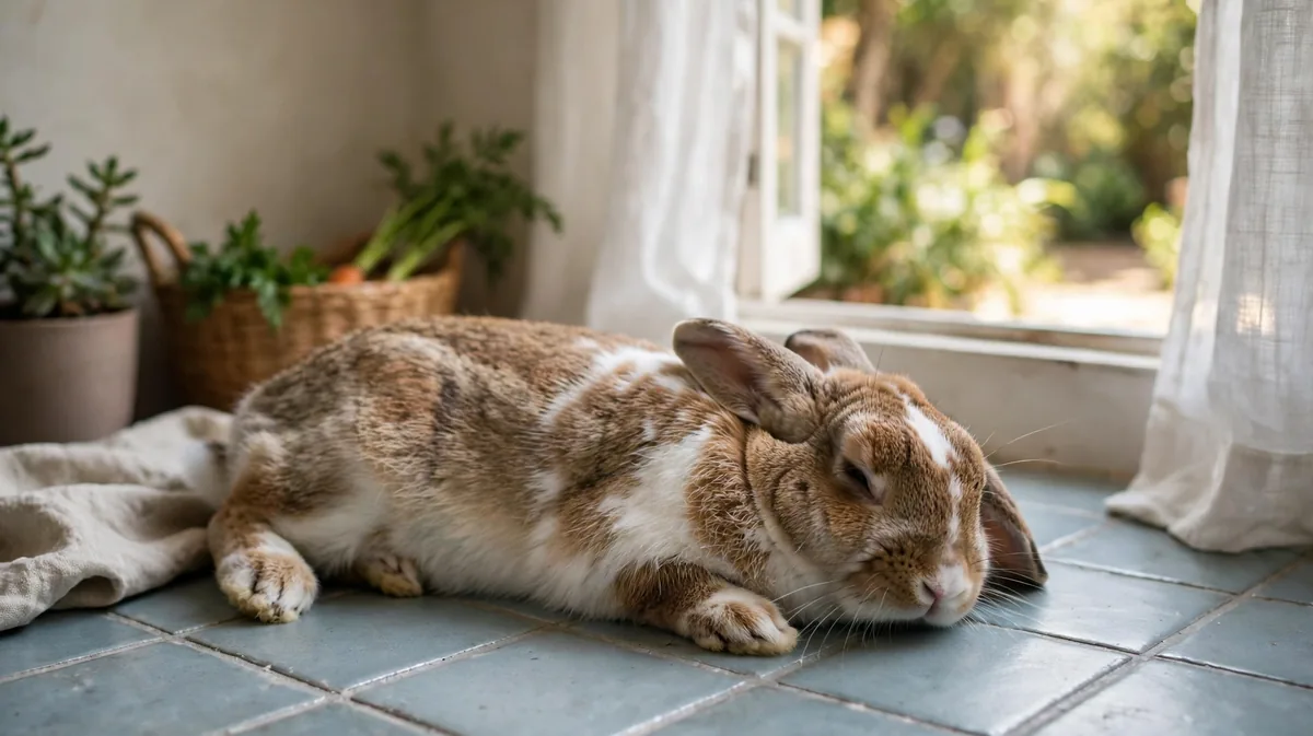 A healthy pet rabbit resting on a cool ceramic tile in a shaded indoor room on a warm day.