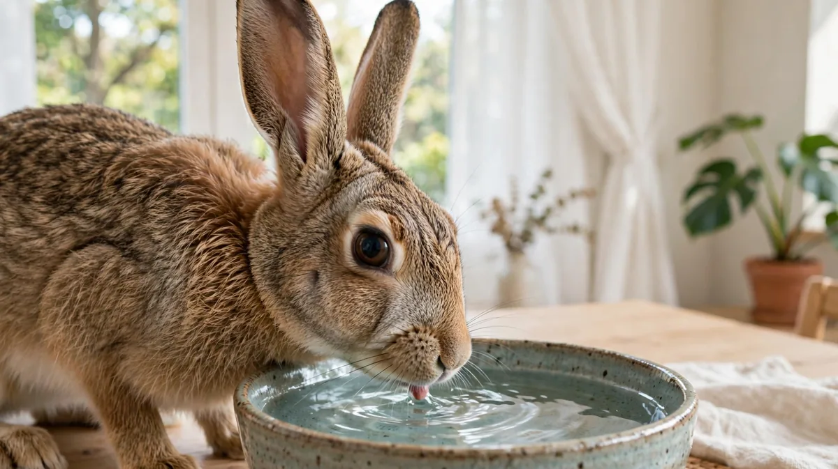 A rabbit drinking fresh cool water from a bowl in a bright airy room.