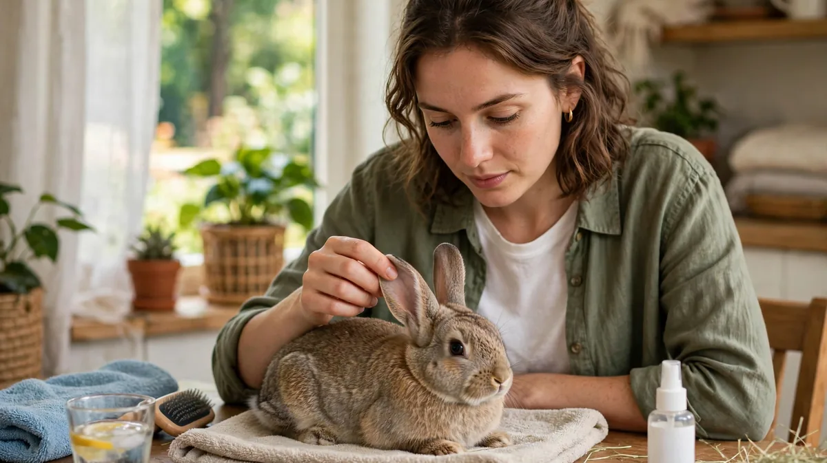 An owner gently checking the ears of a calm pet rabbit during a summer health check at home.