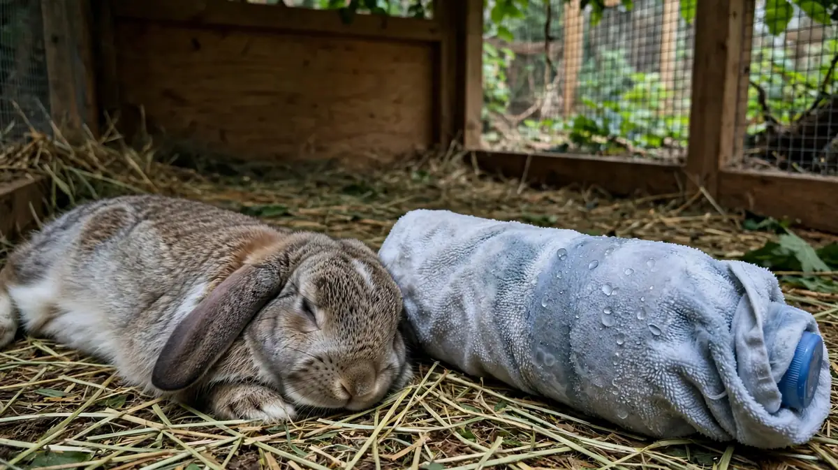 A pet rabbit lying beside a towel wrapped frozen water bottle in a cool shaded pen.