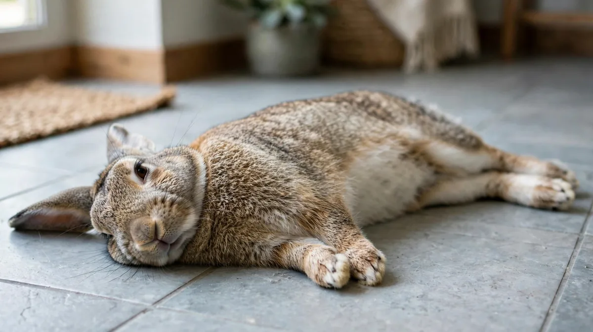 A relaxed rabbit stretched out comfortably on a cool floor indoors.